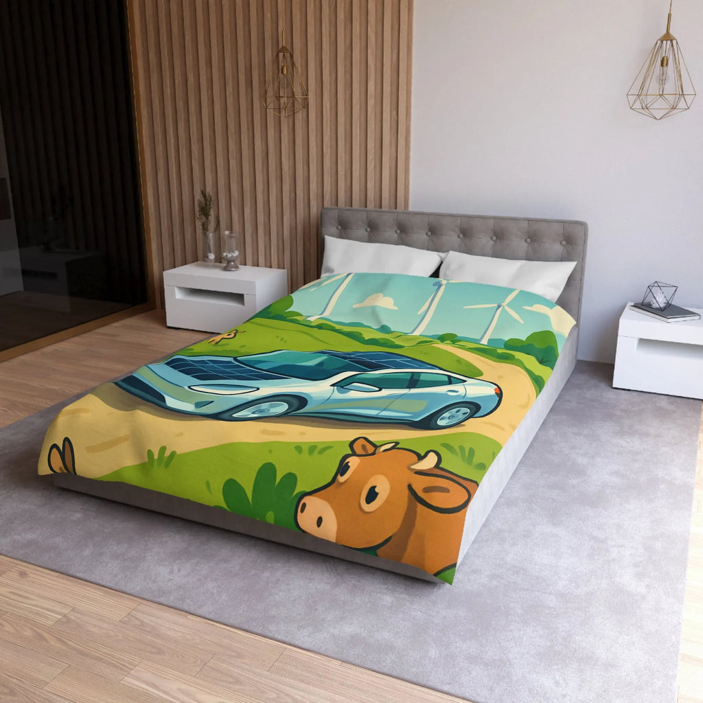 Housse de couette écologique avec voiture solaire, éoliennes et animaux dans la nature