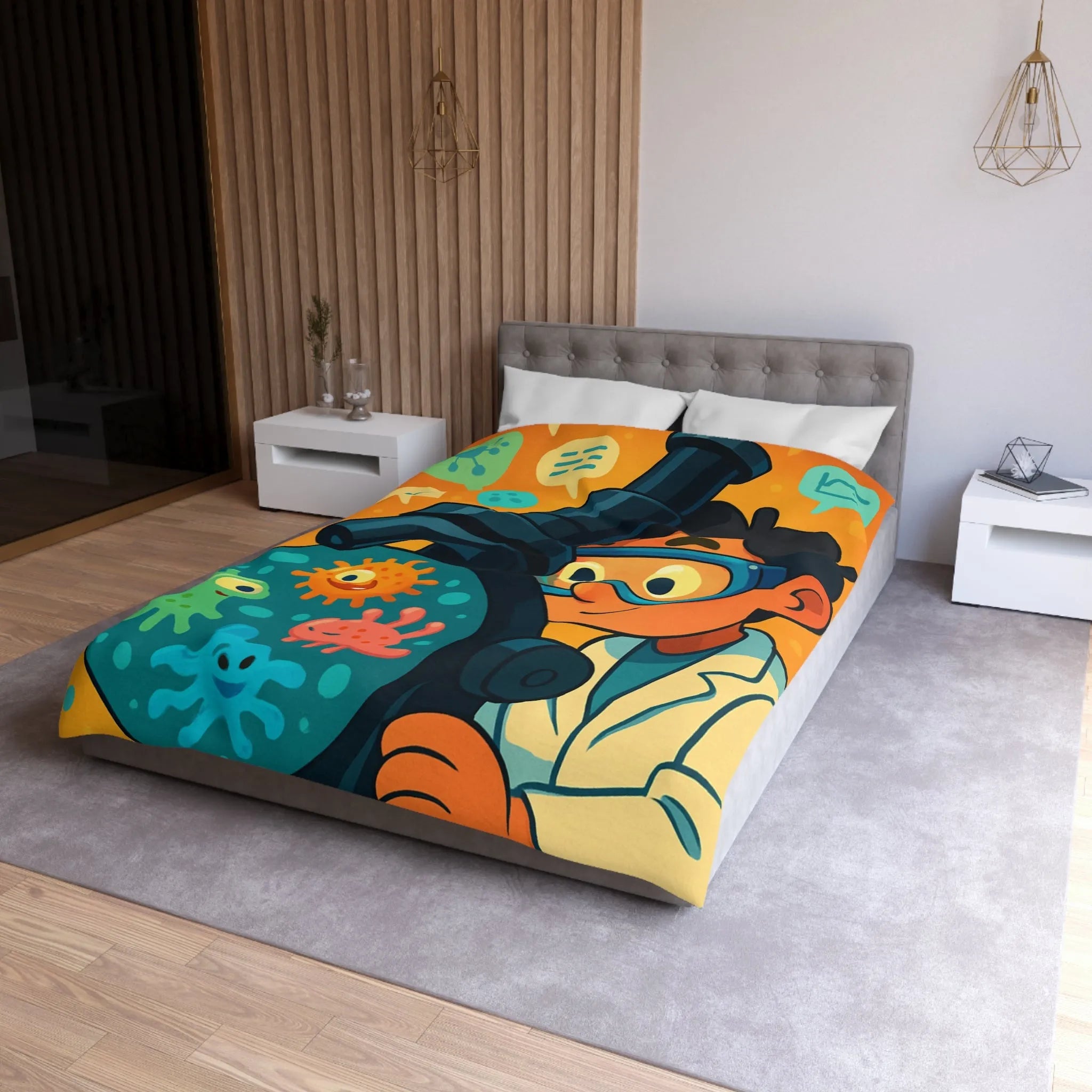 Housse de couette colorée avec jeunes scientifiques et microscope amusant pour enfants