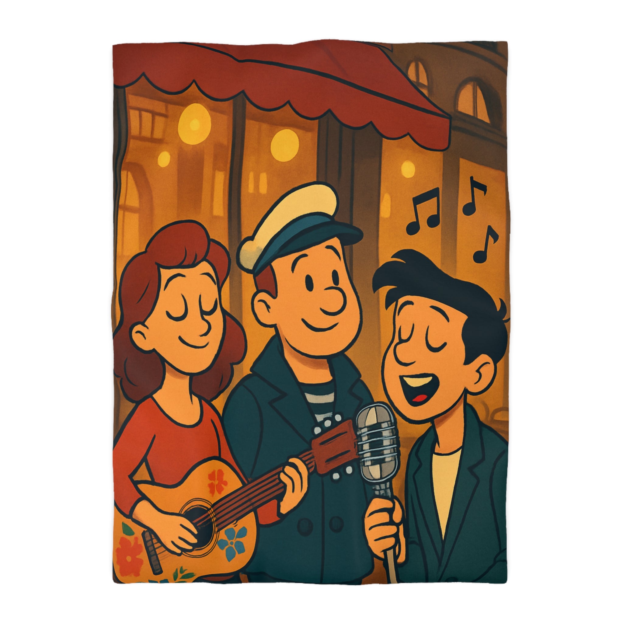 Housse de Couette Vintage avec Scène de Musique de Rue Nocturne et Personnages Colorés