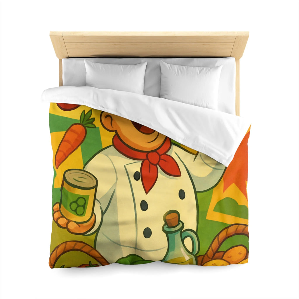 Housse de Couette Illustrée de Chef Heureux avec légumes et Pizza Méditerranéenne Colorée