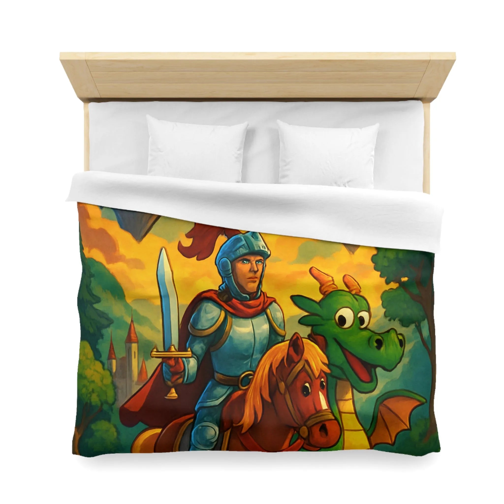 Housse de couette médiévale colorée avec chevalier, dragon et châteaux flottants fantastiques