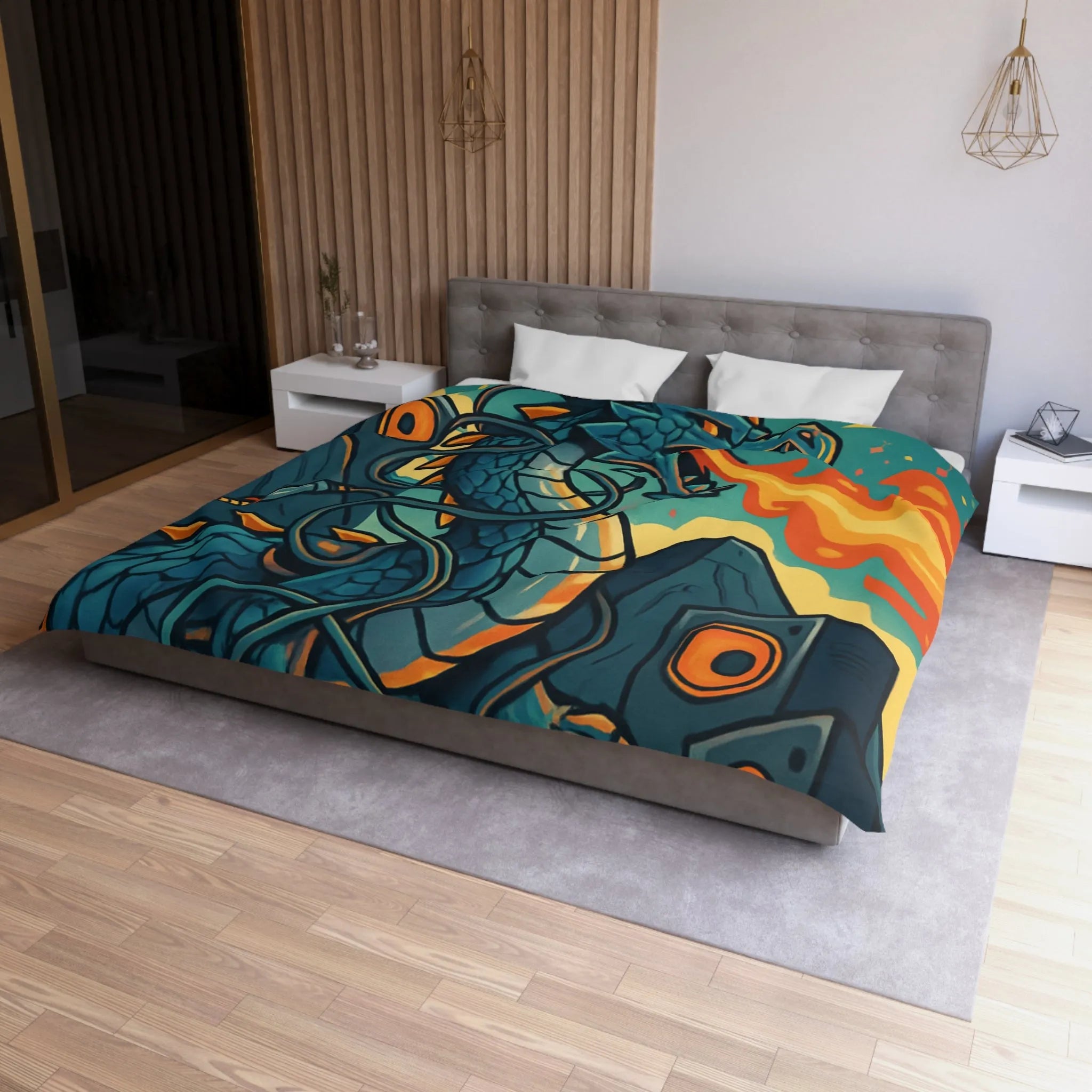 Housse de couette avec dragon fantaisie émettant flammes et musique vibrante rétro