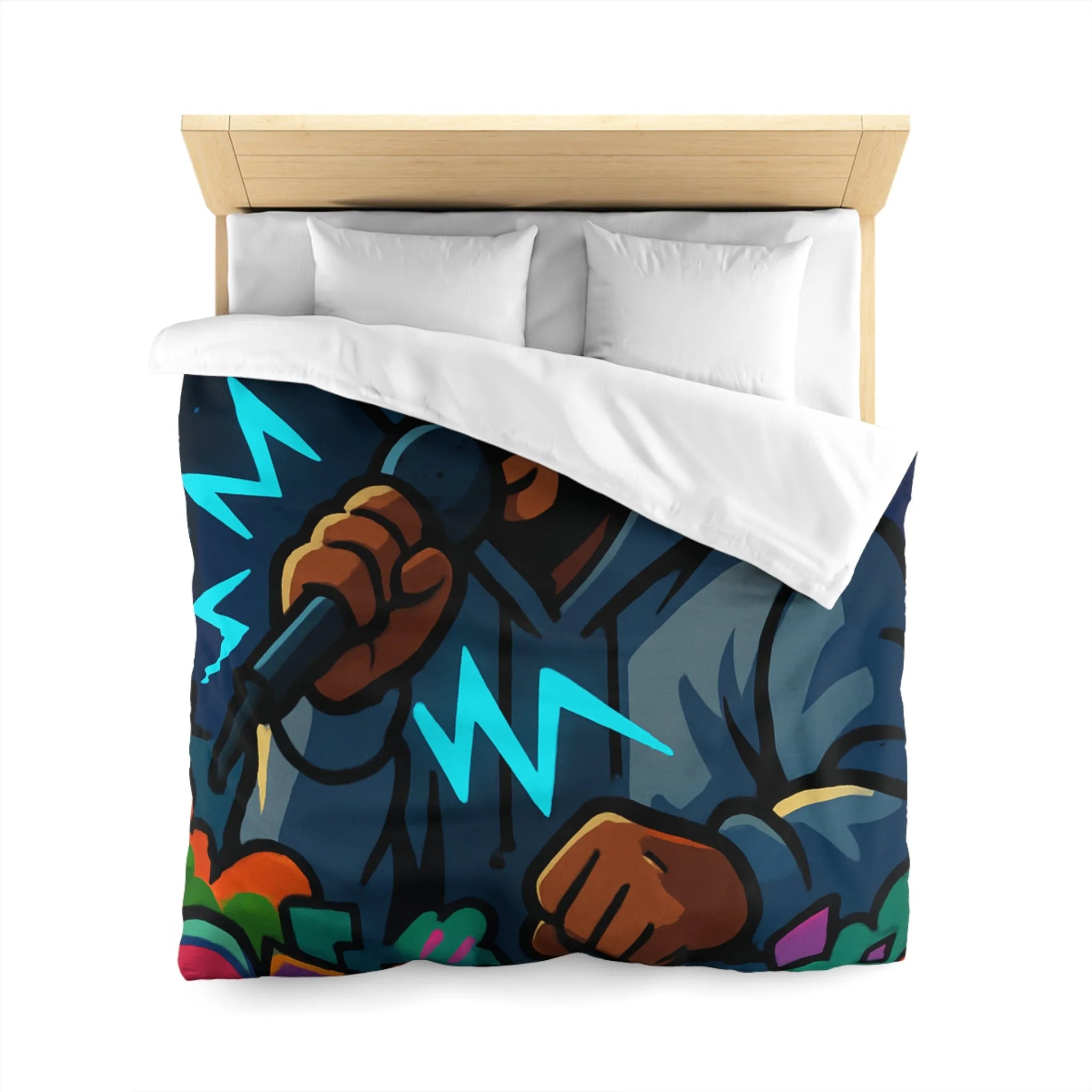 Housse de couette avec artiste hip-hop en hoodie et graffitis colorés de rue