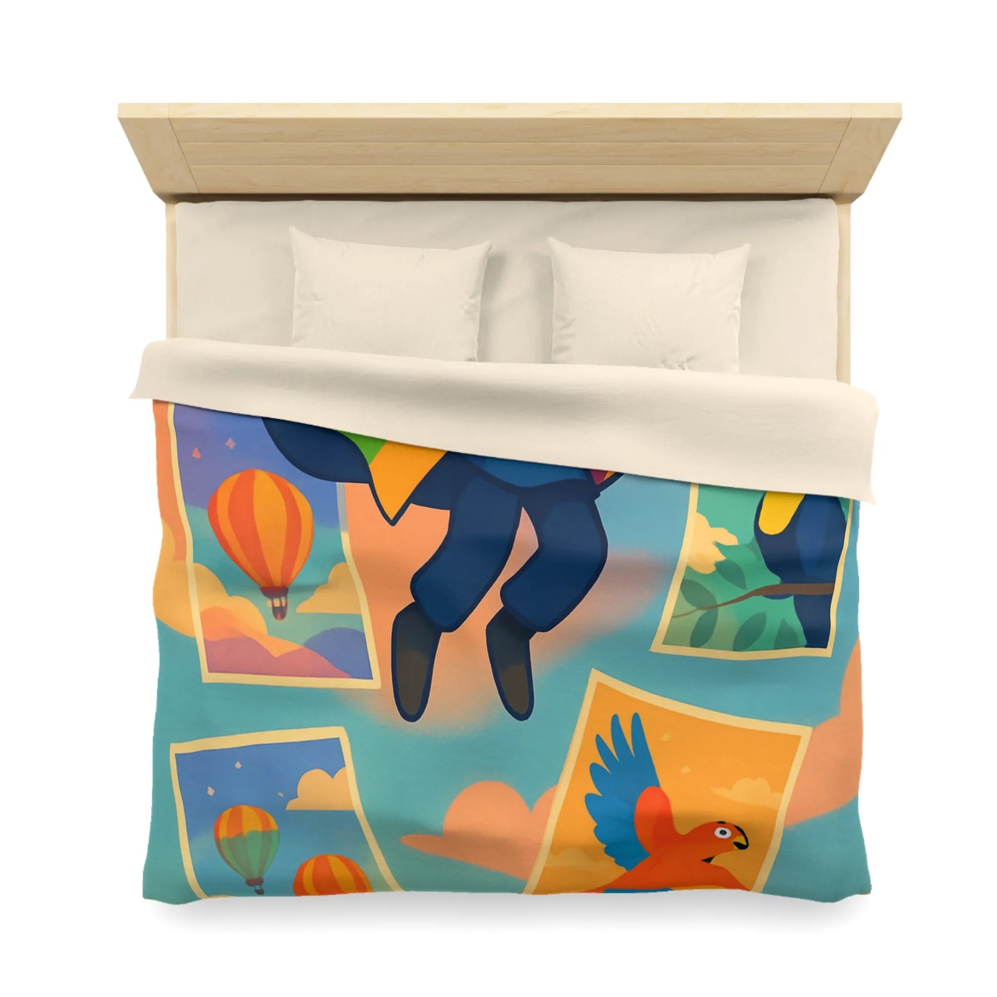 Housse de couette colorée avec motifs d'aventure de montgolfières et oiseaux exotiques
