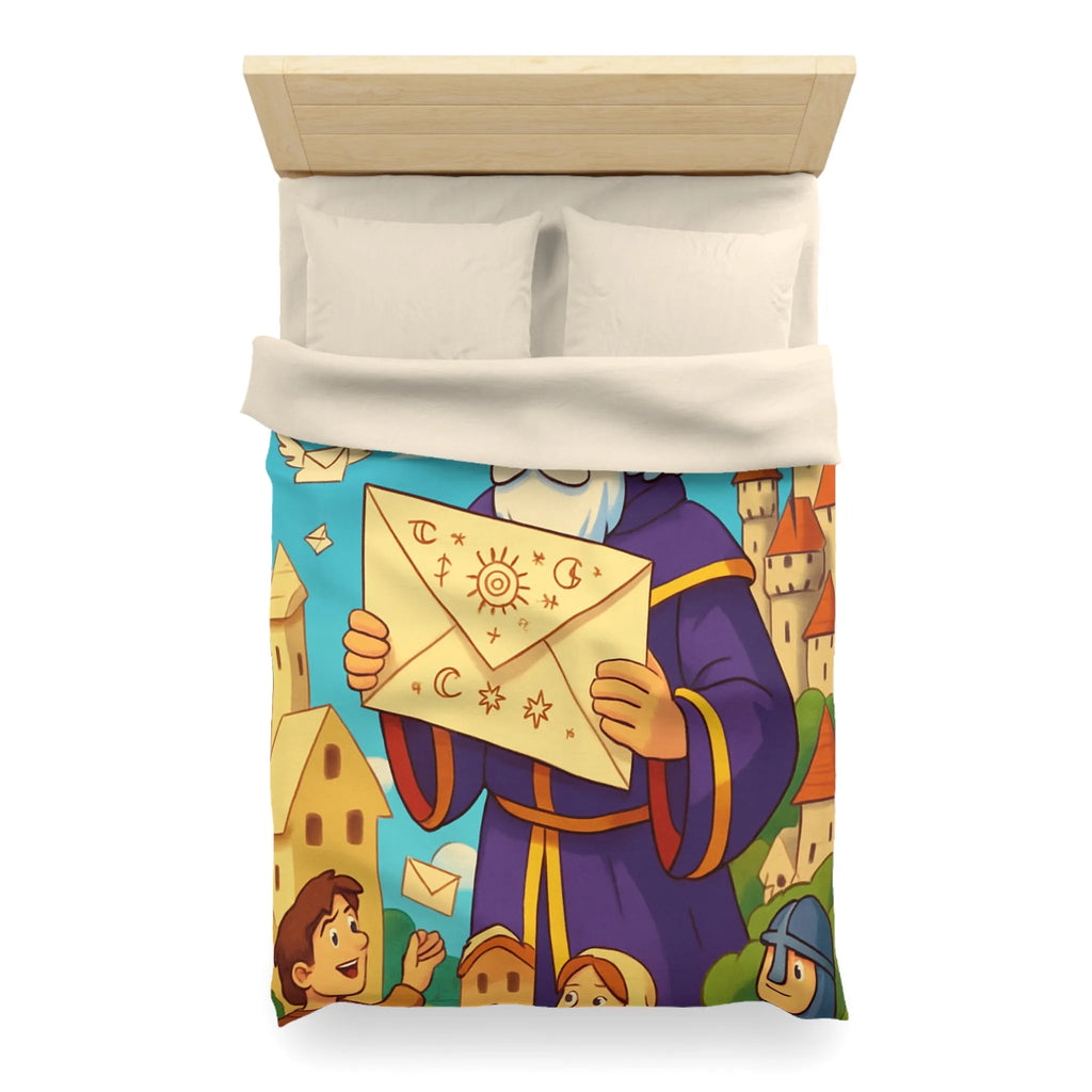 Housse de couette joyeuse avec roi médiéval et château féerique pour enfants