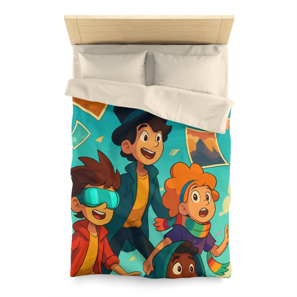 Housse de couette colorée avec enfants explorateurs et illustrations de paysages flottants