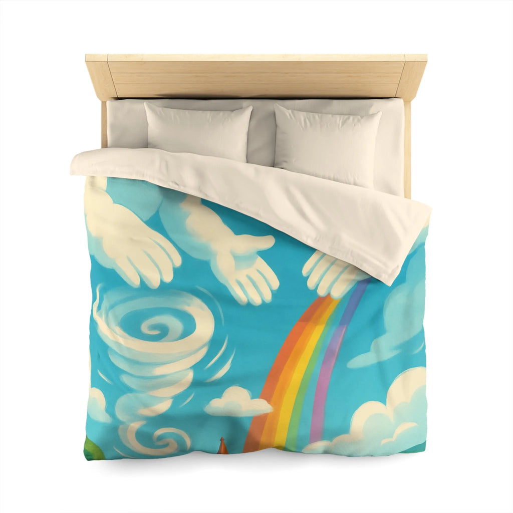 Art ludique de nuages souriants au-dessus d'un village teinté de couleurs vives