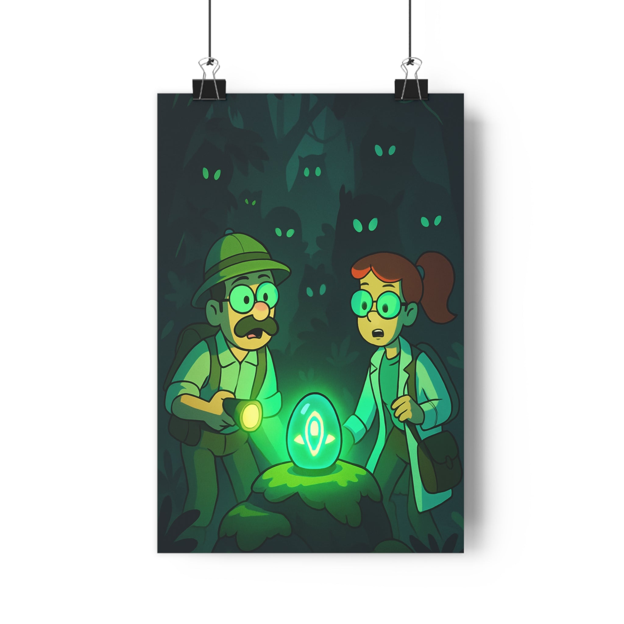 Poster décoratif animé mystique aventure forêt sombre vert bleu bureau chambre intrigant explorateur lumineux