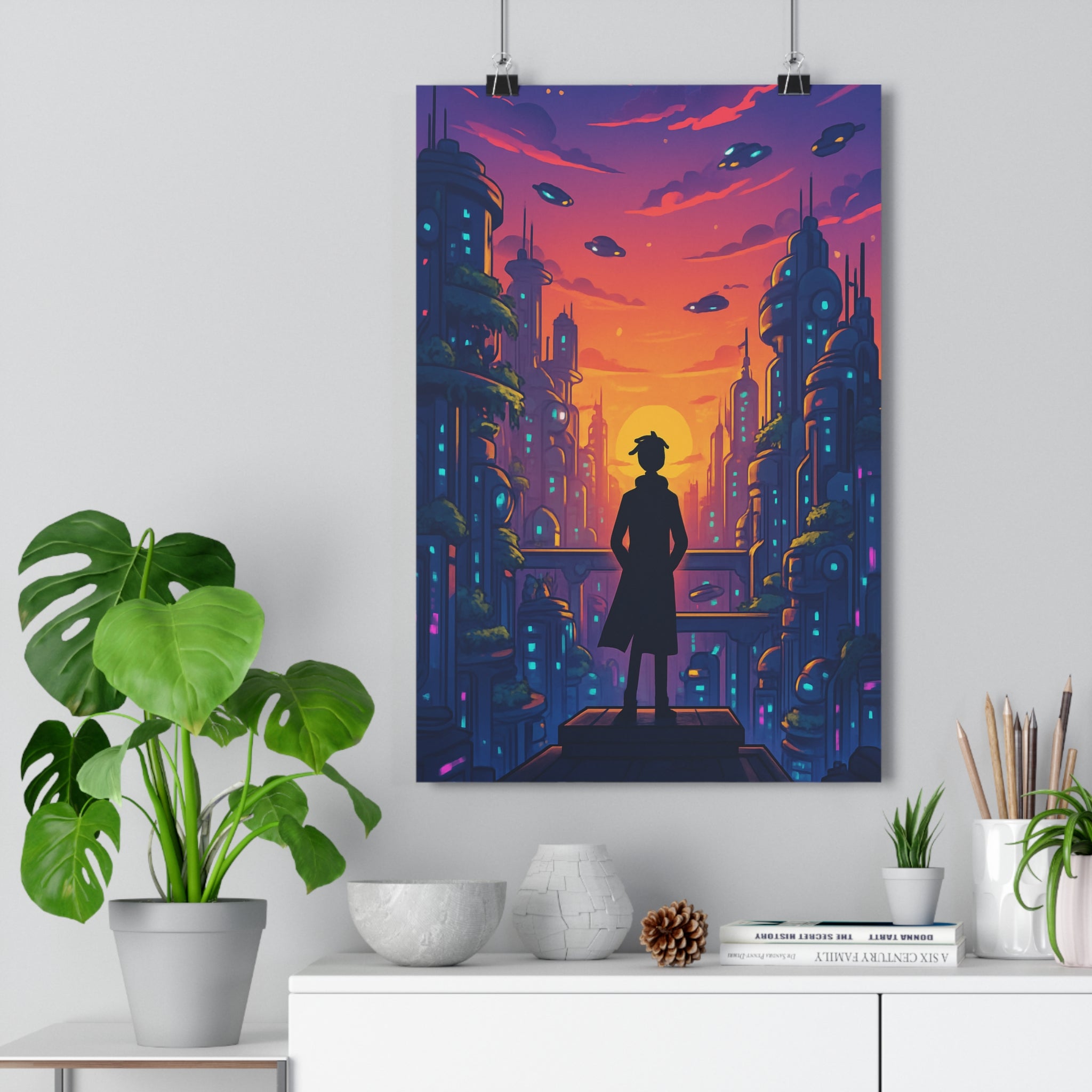 Poster décoratif futuriste sciencefiction ville illuminée moderne salon bureau 30x46 cm contrastes vaisseaux coucher