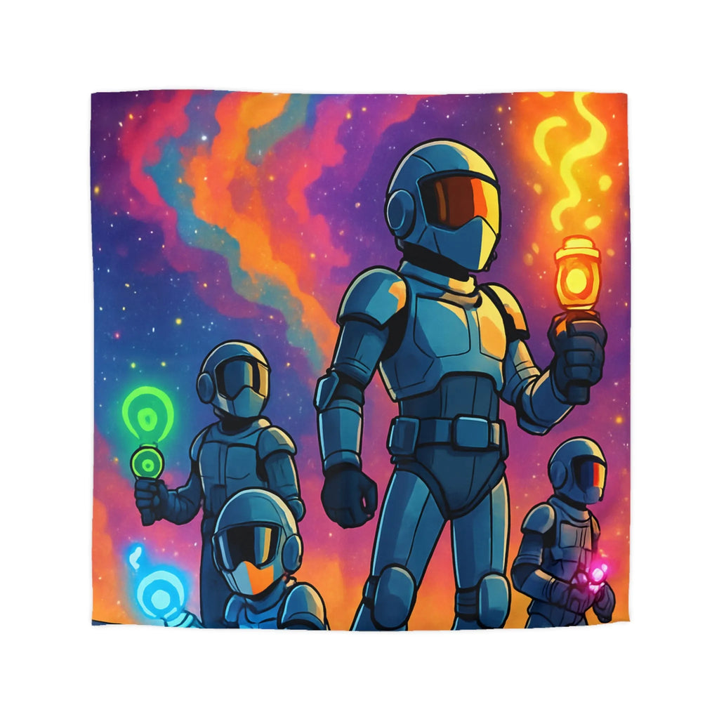 Housse de couette futuriste colorée avec quatre astronautes sous galaxie vibrante et étoilée