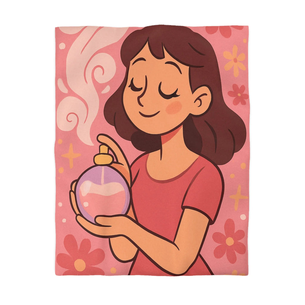 Housse de couette illustration parfum avec femme souriante tenue bouteille contre fond rose