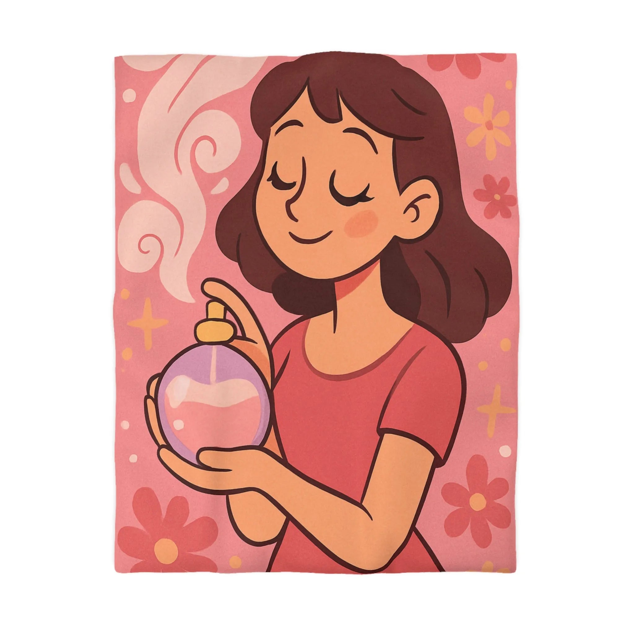 Housse de couette illustration parfum avec femme souriante tenue bouteille contre fond rose