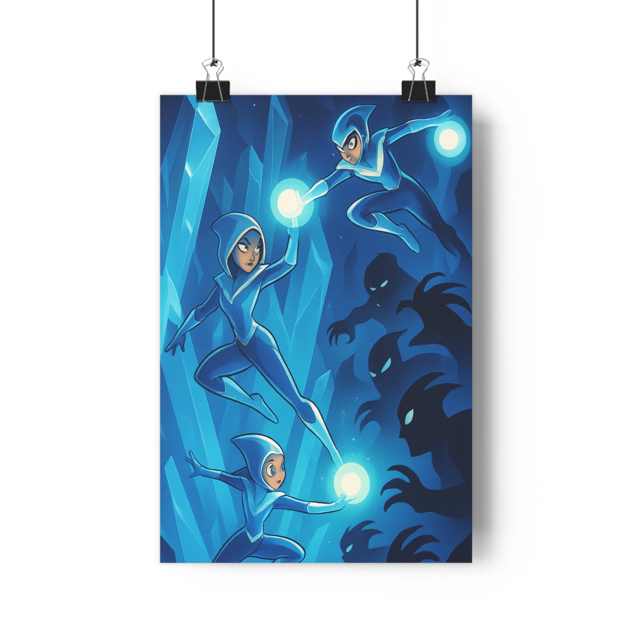 Poster décoratif futuriste bleu mystique salon chambre bureau intense lumineux captivant personnage action cristal