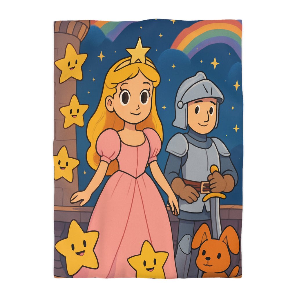 Housse de couette princesse et chevalier avec étoiles et arc-en-ciel magique