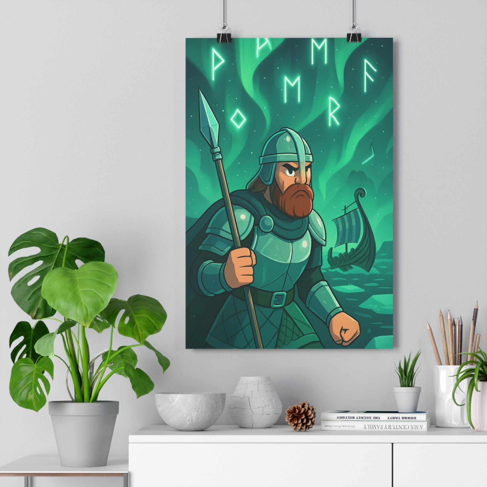 Poster décoratif épique guerrier barbu nordique vert aventure mystique salon chambre bureau ambiance cartoon