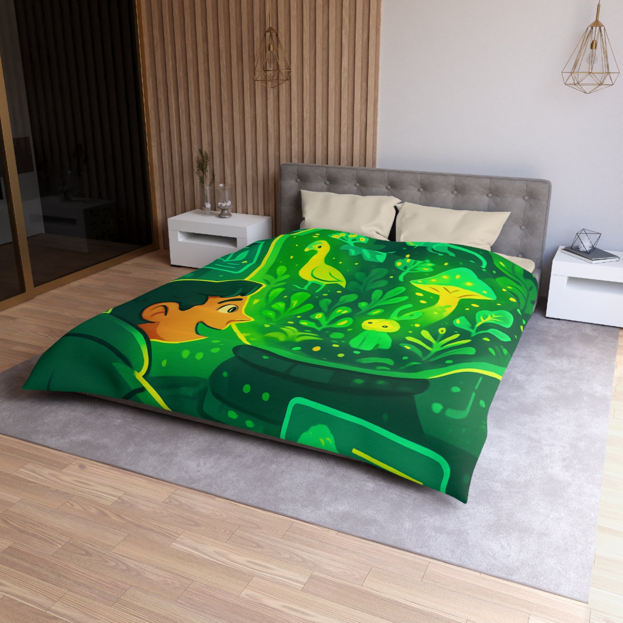 Housse de couette verte forêt magique avec créatures et éléments de laboratoire lumineux