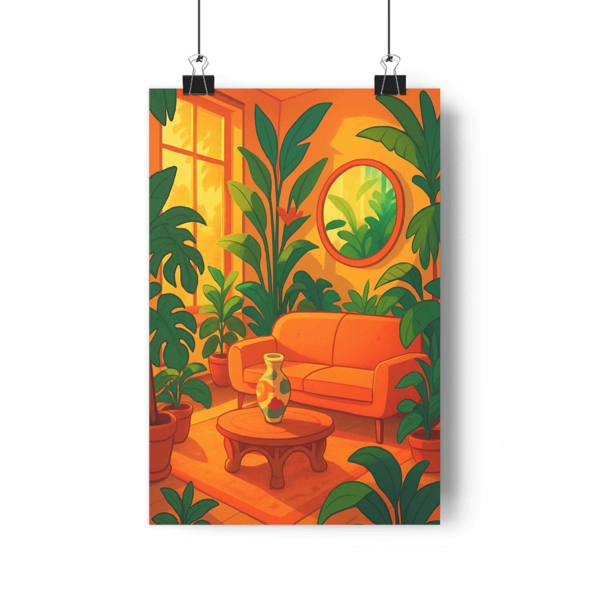 Poster décoratif cartoon pastel vert orange salon relaxant tropical chic maison apaisant mural intérieur