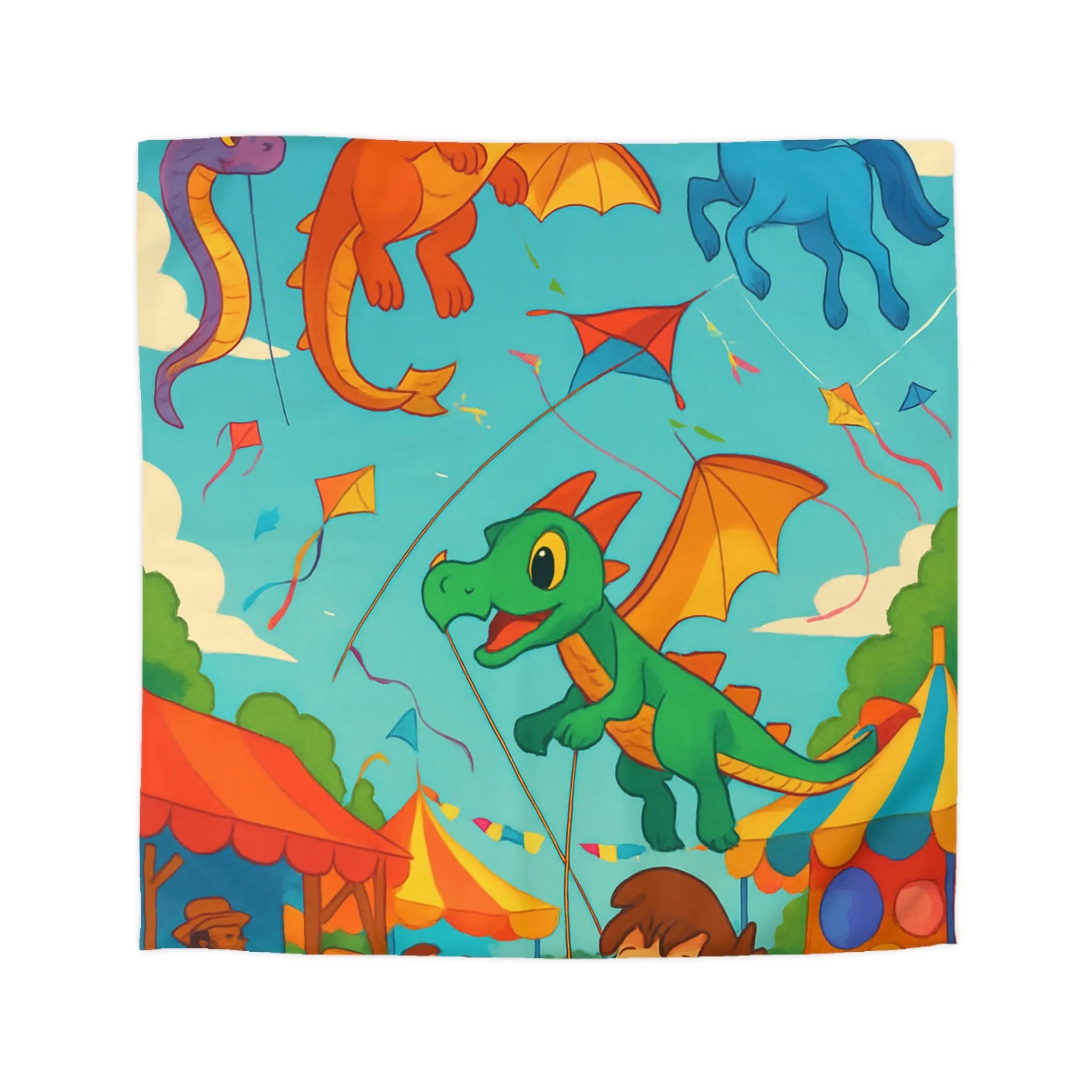 Envolée de cerfs-volants dragons et licorne sous un ciel bleu auberge festival