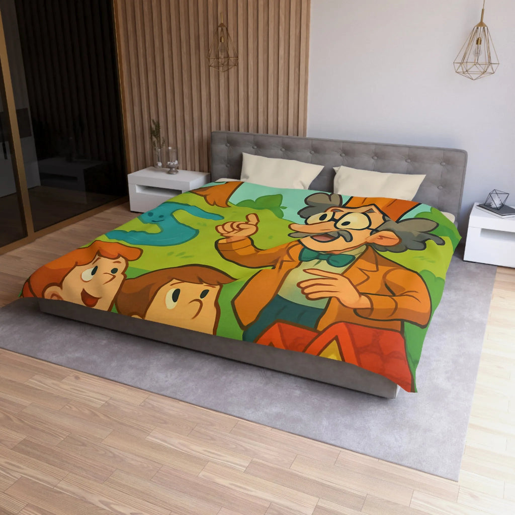 Housse de couette colorée avec un professeur et enfants dans un paysage enchanteur