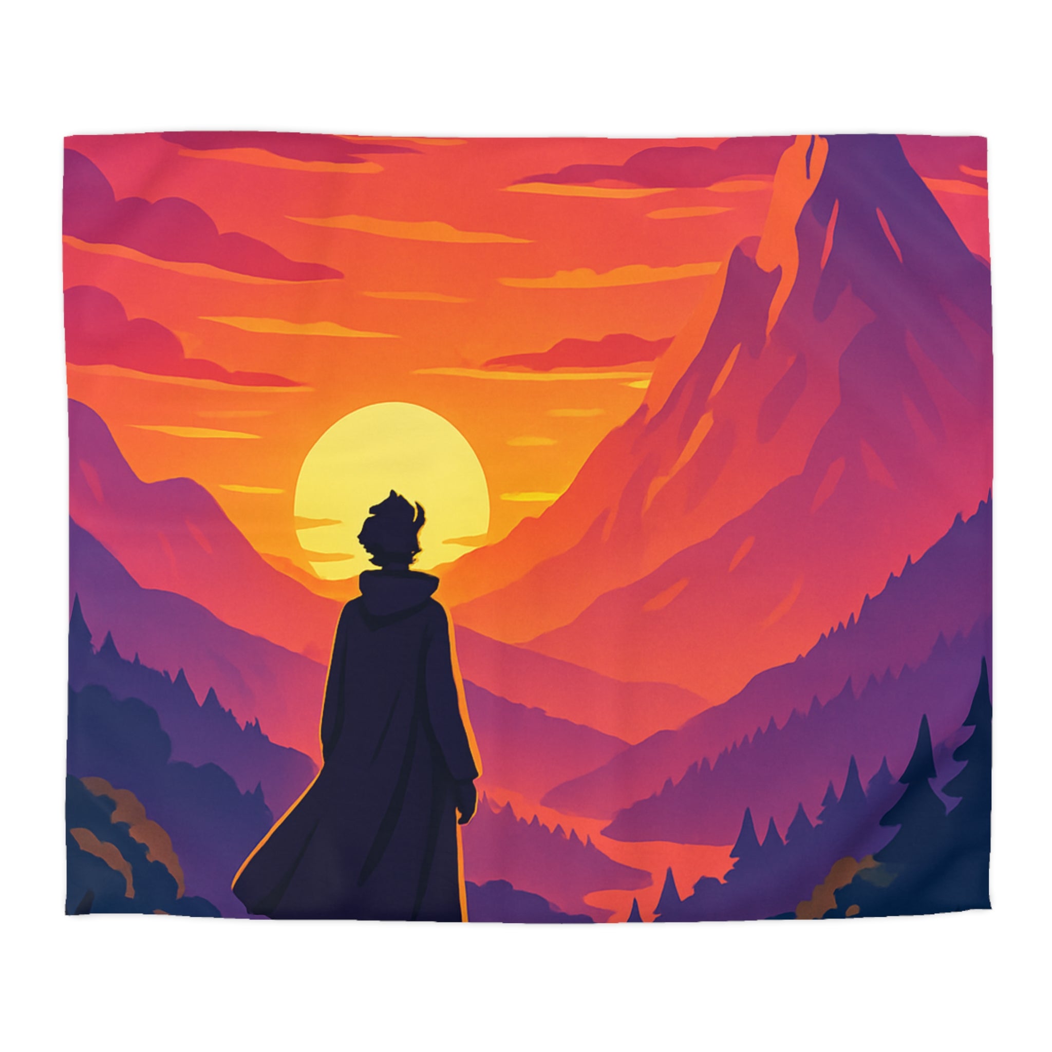Housse de couette montagnes coucher de soleil silhouette homme paysage artistique vibrant