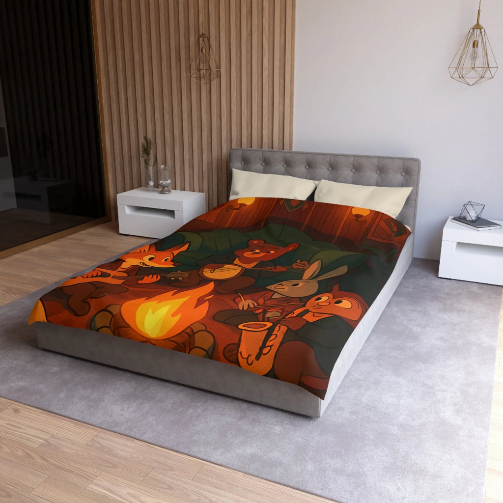 Housse de Couette Animaux Musiciens Autour Feu de Camp Ambiance Cosy pour Chambre Enfant
