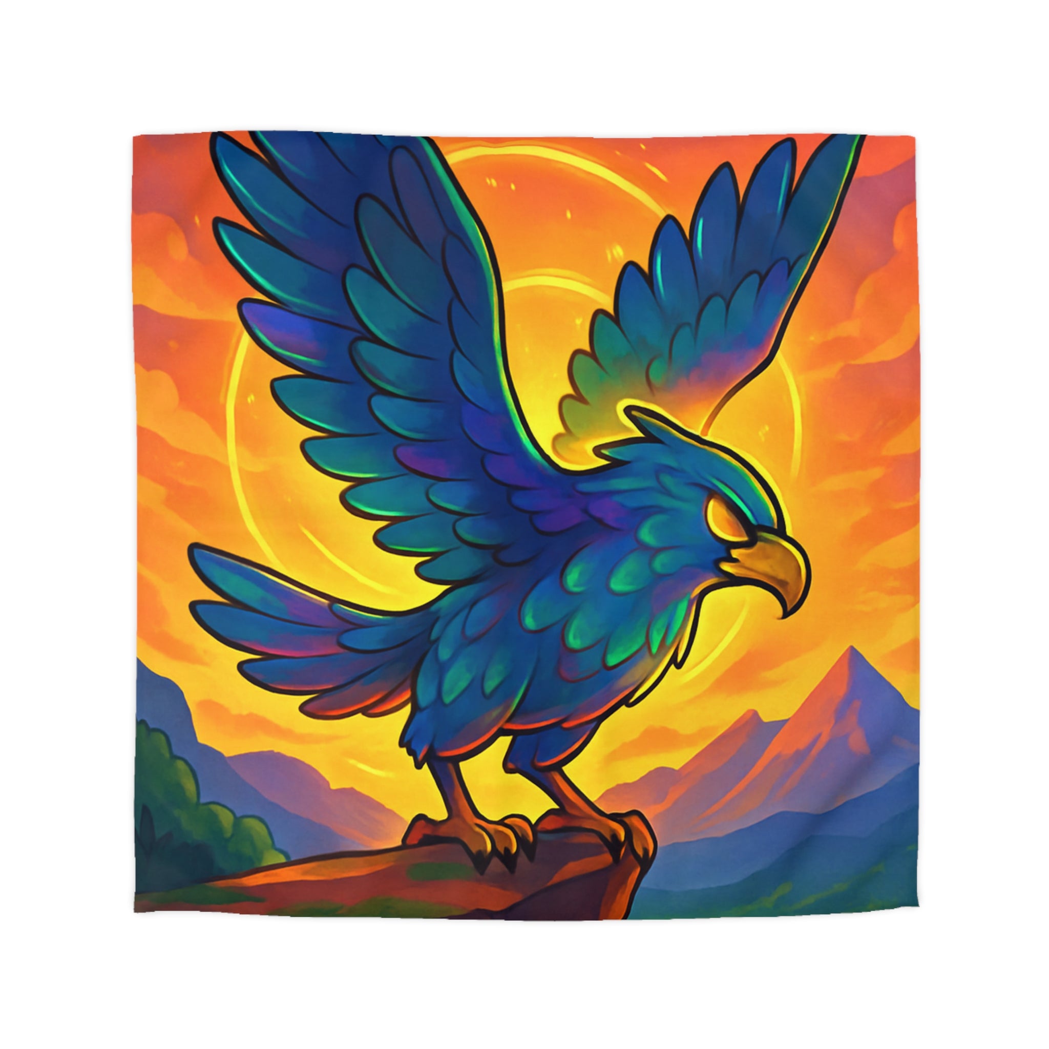 Housse de couette montagneuse avec aigle majestueux et vue spectaculaire au lever du soleil