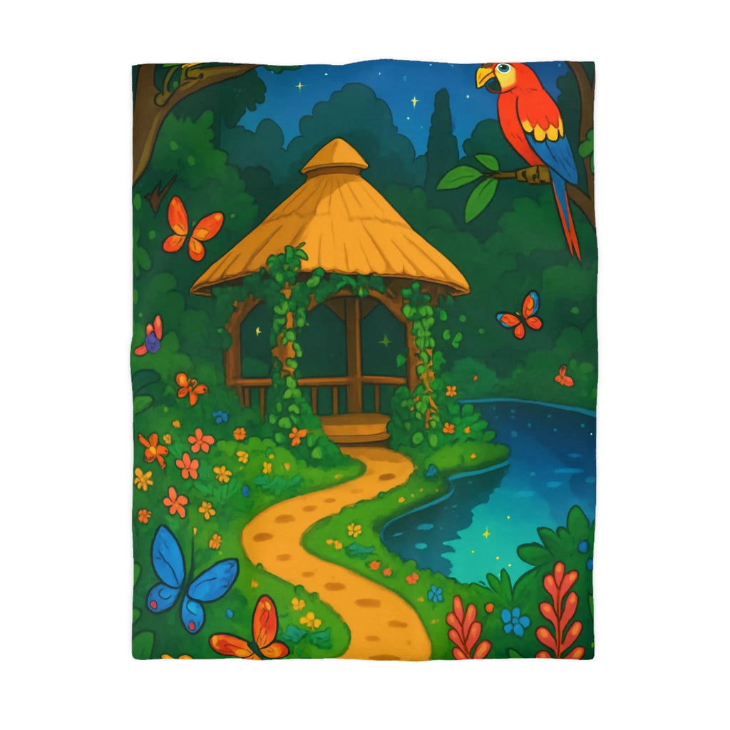Housse de Couette Illustrée, Forêt Tropicale Nocturne avec Oiseaux et Papillons Colorés