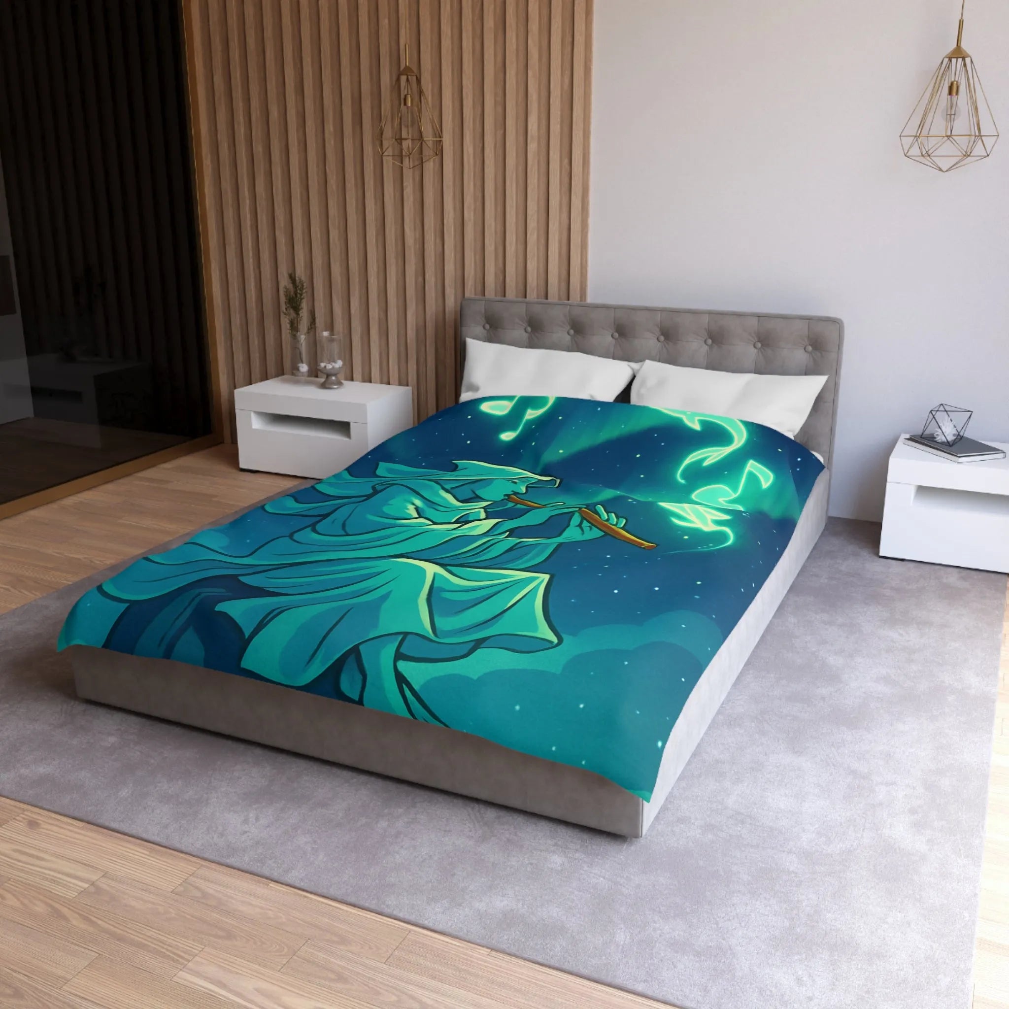 Housse de couette magique avec joueur de flûte créant des formes lumineuses célestes