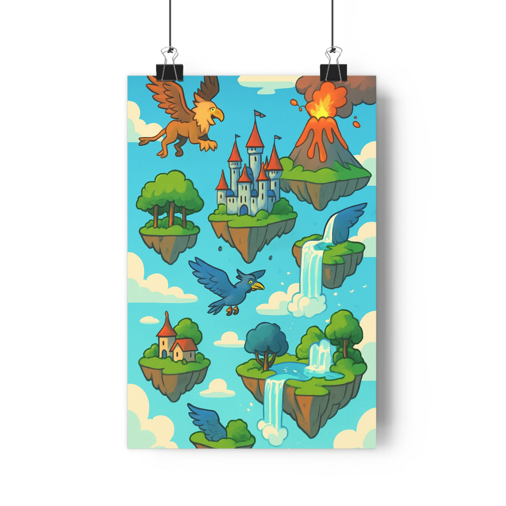 Poster décoratif chambre enfant fantastique dessin animé îles volantes créatures magiques aventure couleurs pastel