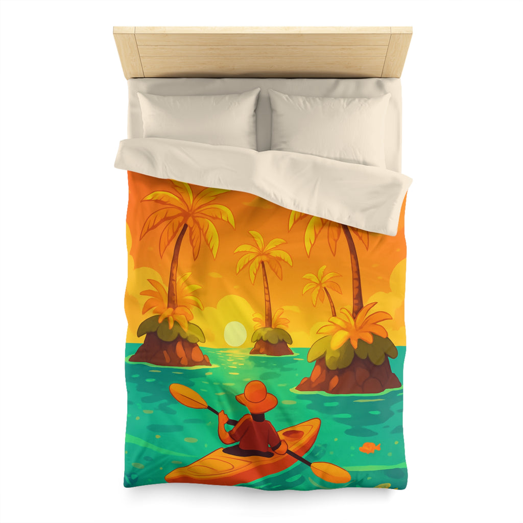 Housse de couette tropicale vibrante avec kayak, palmiers et perroquets au coucher de soleil