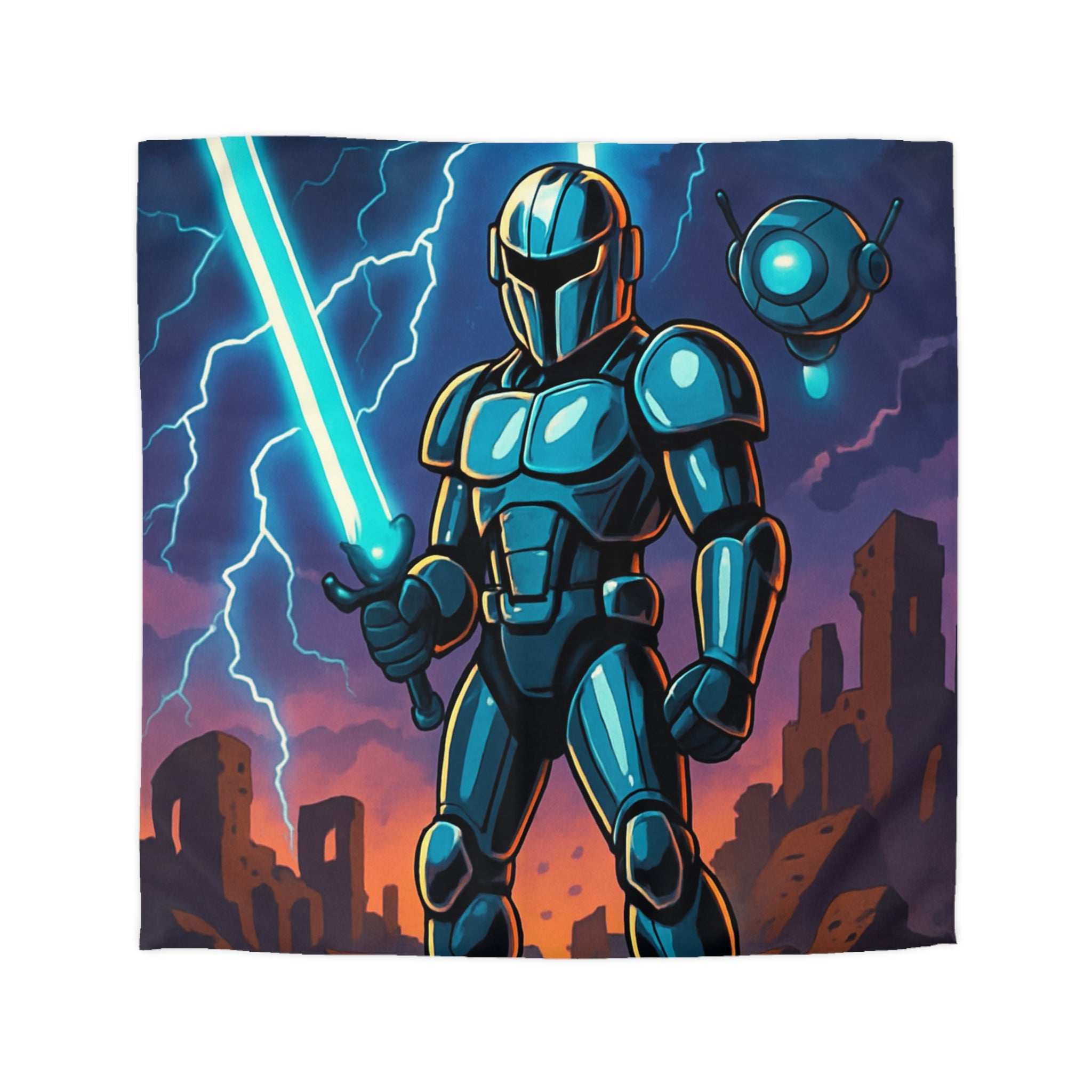 Housse de Couette Sci-Fi avec Guerrier en Armure et Paysage Apocalyptique