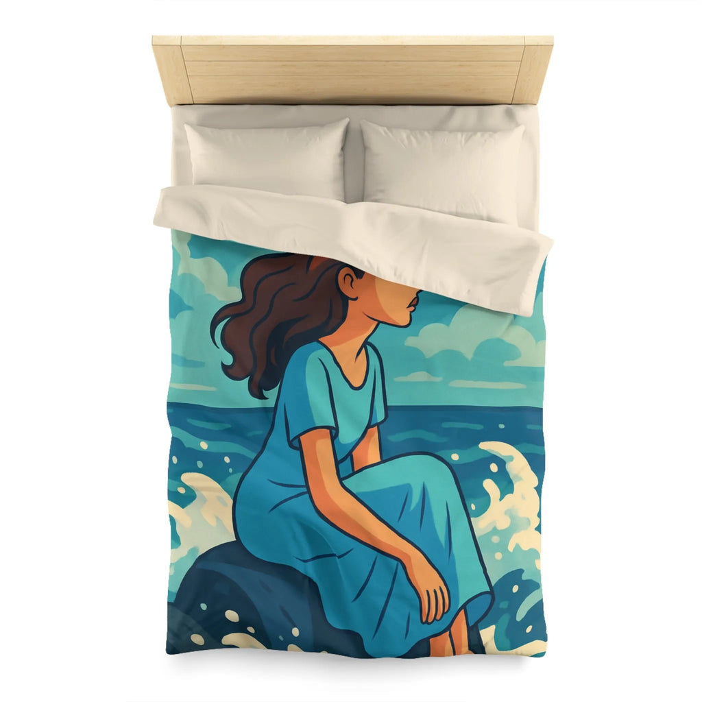 Housse de Couette Art Nouveau Femme Mermaid Assise sur Rochers avec Mouettes