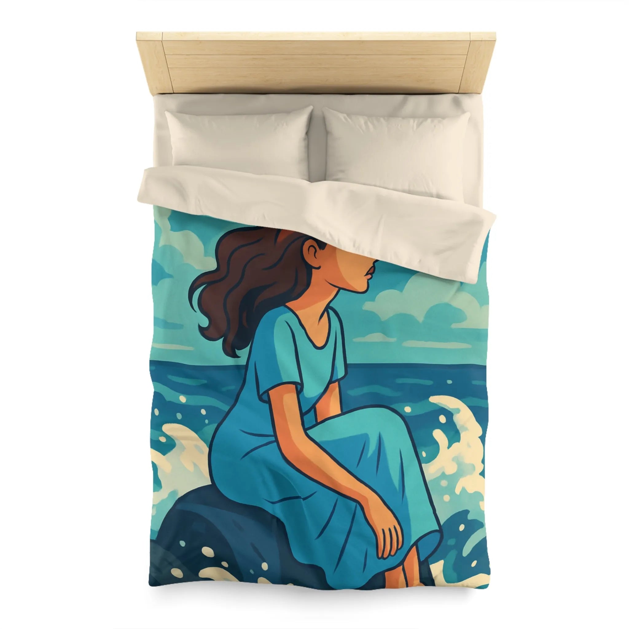 Housse de Couette Art Nouveau Femme Mermaid Assise sur Rochers avec Mouettes