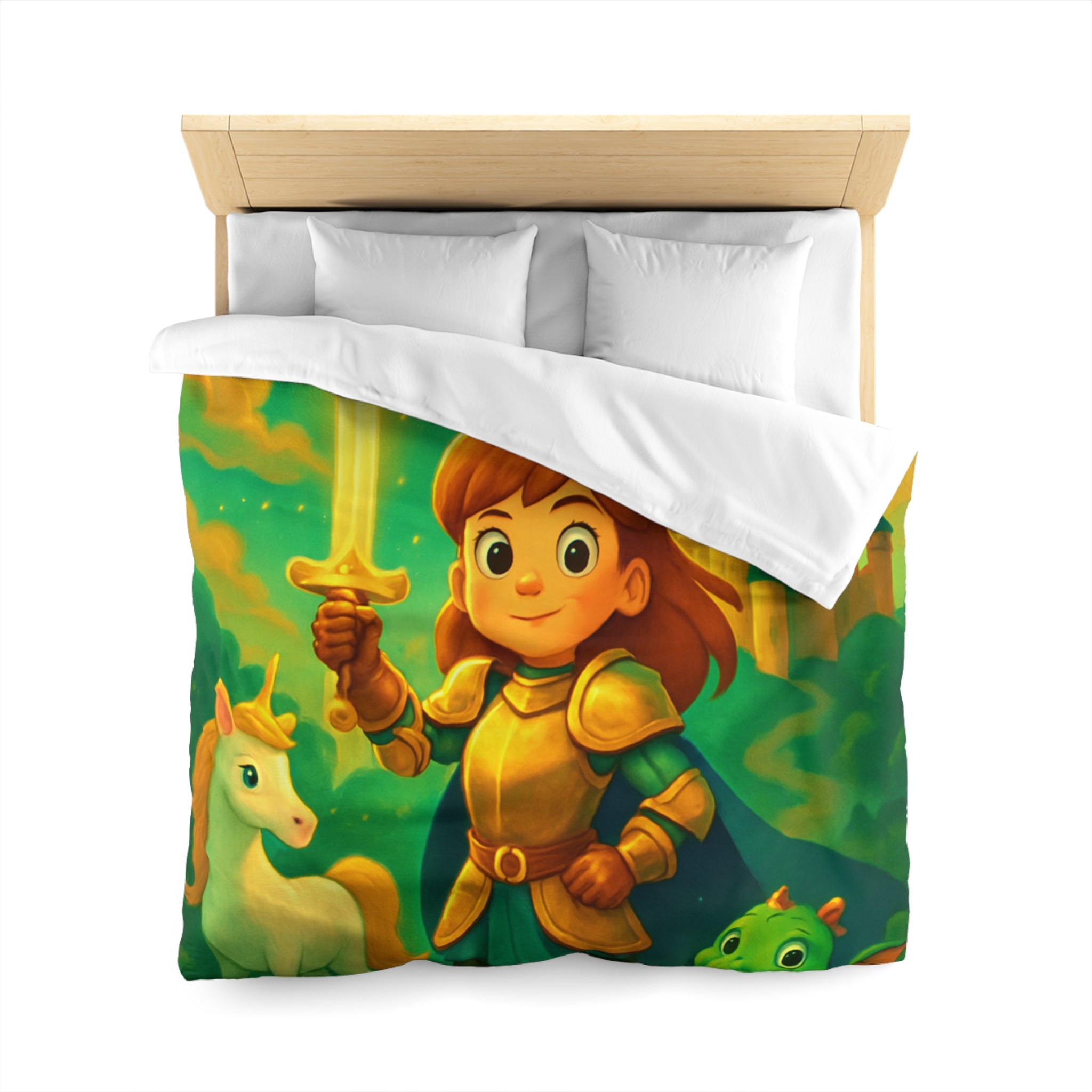 Housse de couette pour enfants avec chevalier, château et animaux fantastiques