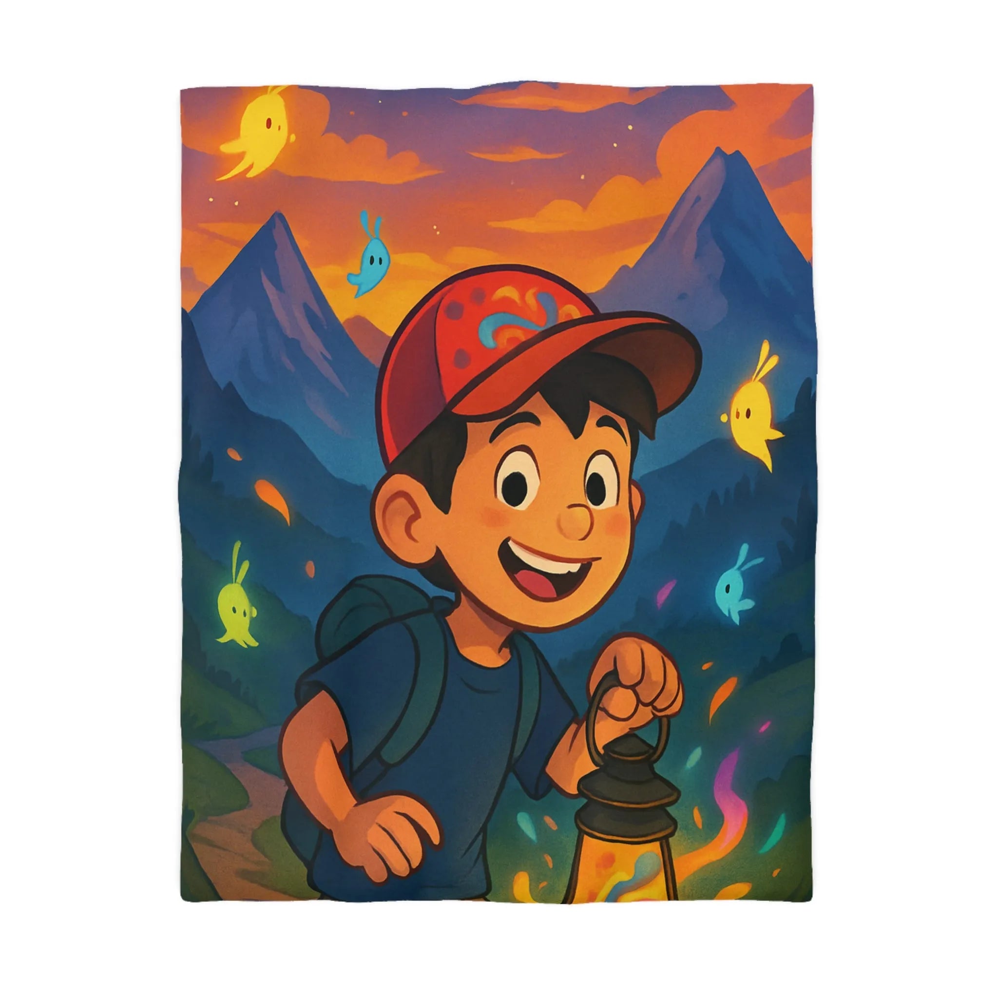Housse de couette aventure enfantine avec lanterne magique et montagnes colorées au crépuscule