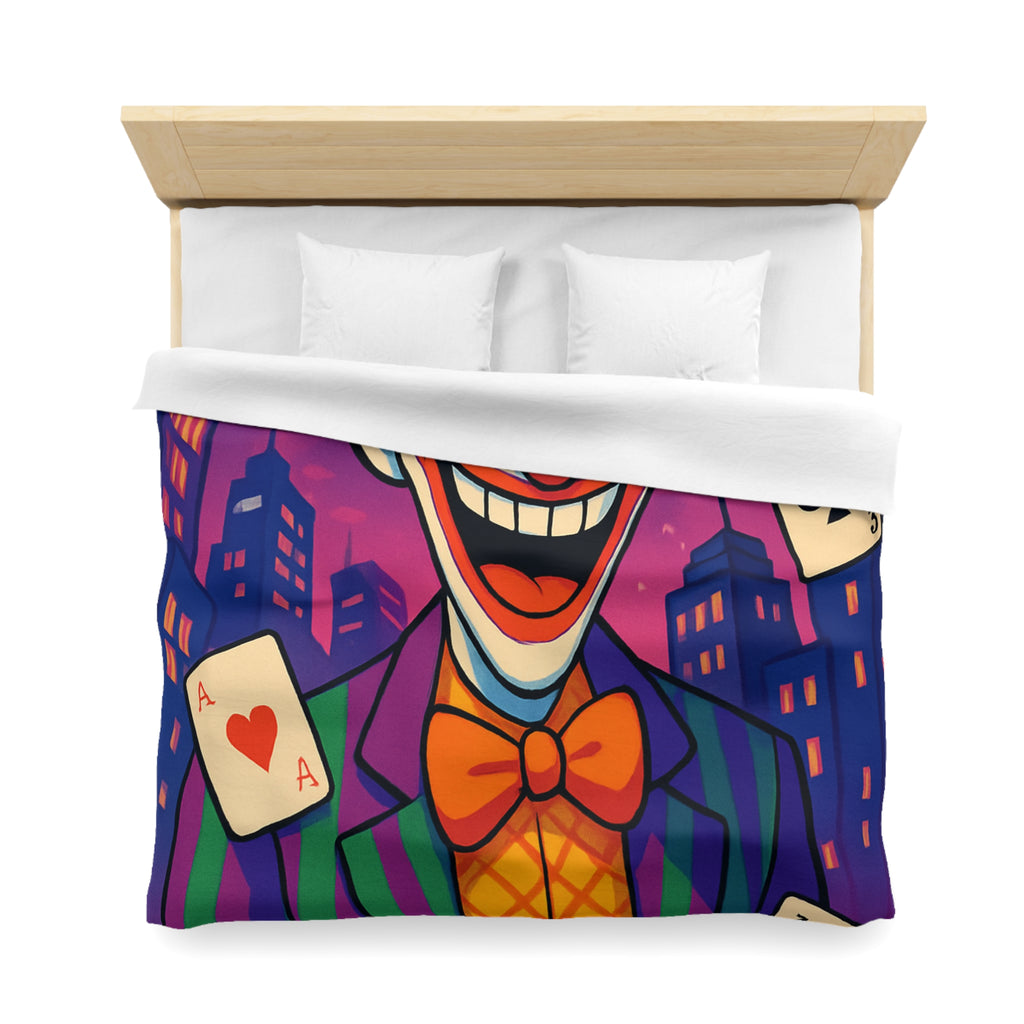 Housse de couette vibrante avec clown effrayant et cartes à jouer en arrière-plan urbain