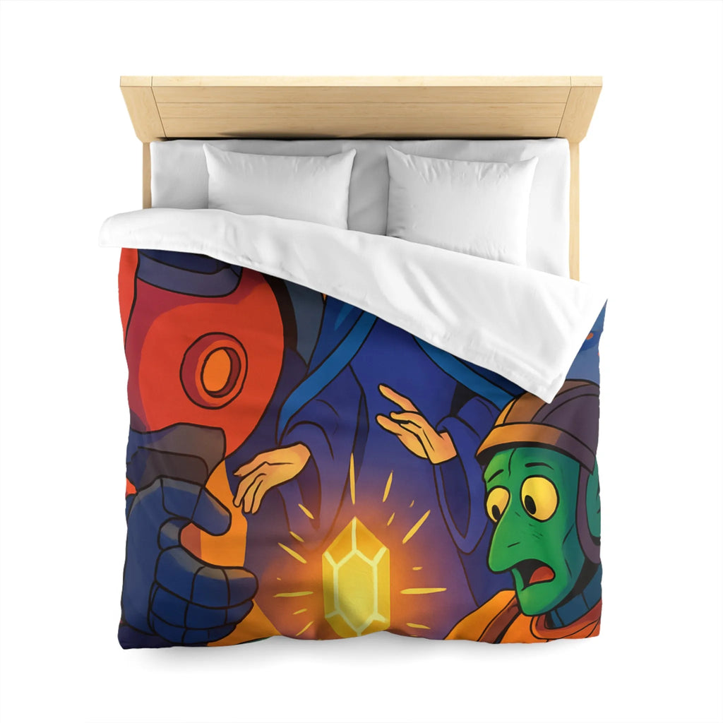 Housse de couette colorée avec illustration futuriste d'artefact mystérieux et personnages intrigants