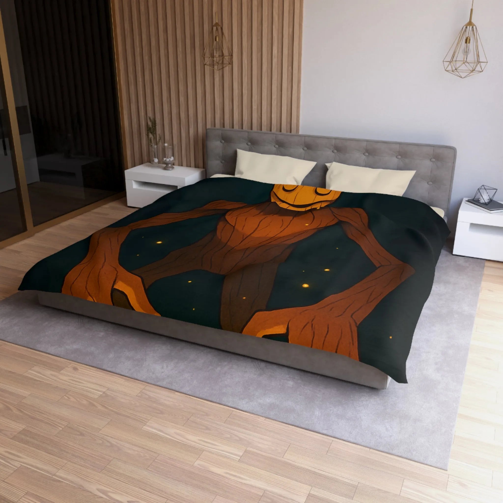 Chambre imaginative avec housse de couette créature mystique enchantée dans forêt lumineuse