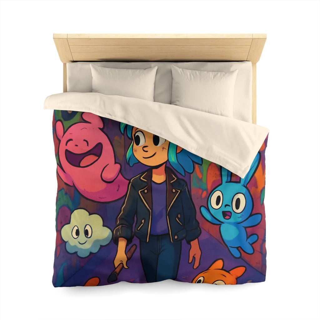 Housse de couette colorée avec personnages fantasy dans une ruelle urbaine magique
