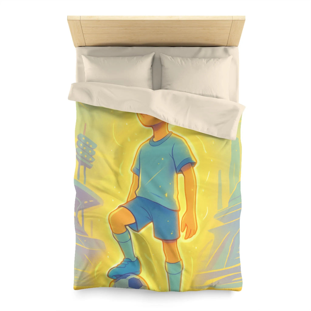 Housse de couette inspirée d'un jeune footballeur en action avec ambiance lumineuse