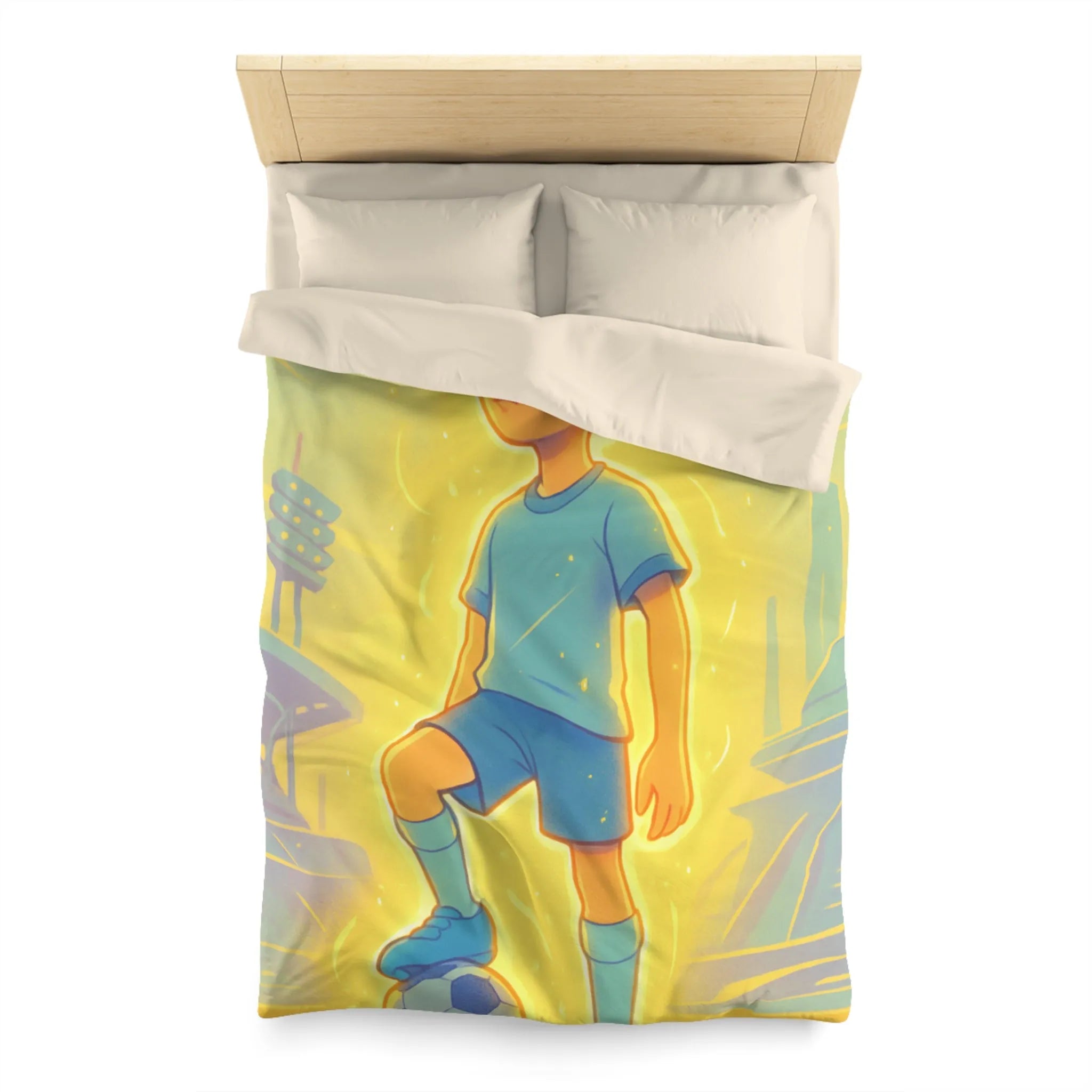 Housse de couette inspirée d'un jeune footballeur en action avec ambiance lumineuse