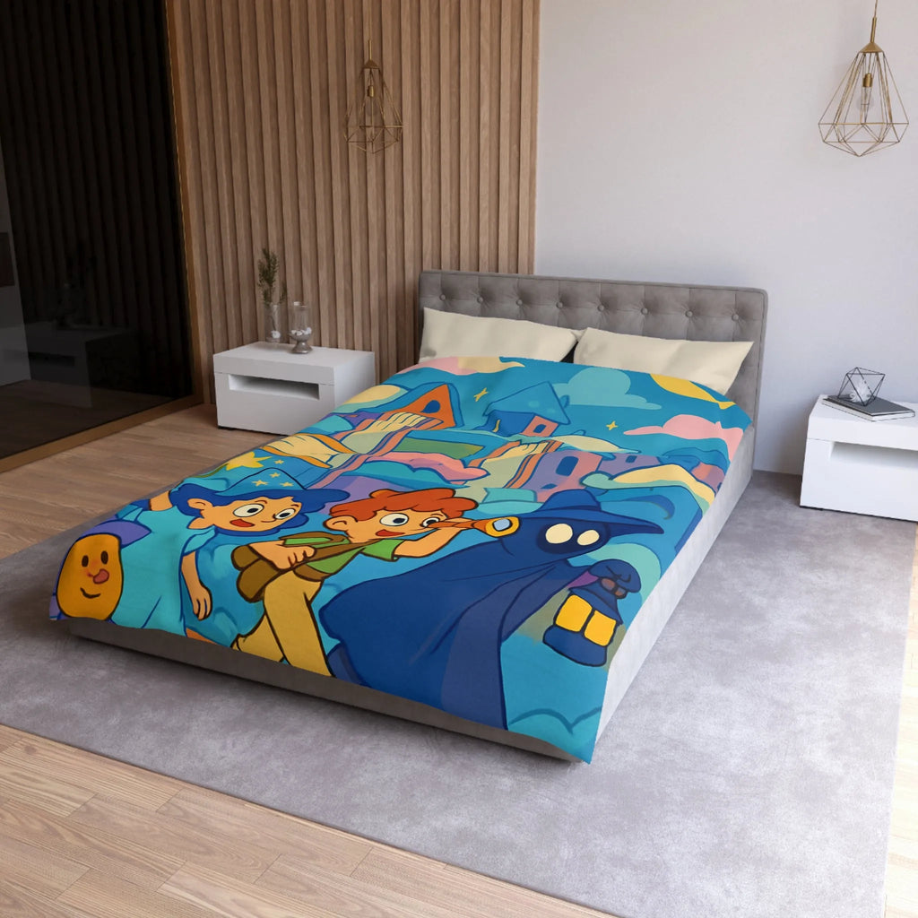 Housse de couette magique enfants avec illustration de sorcier, château et ciel étoilé