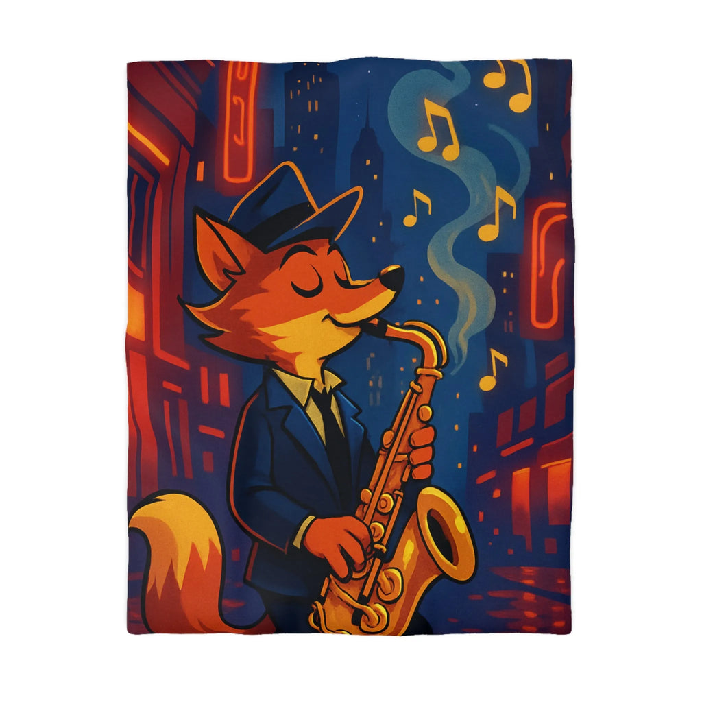 Housse de Couette Jazz de Rue avec Renard Jouant du Saxophone Sous les Réverbères