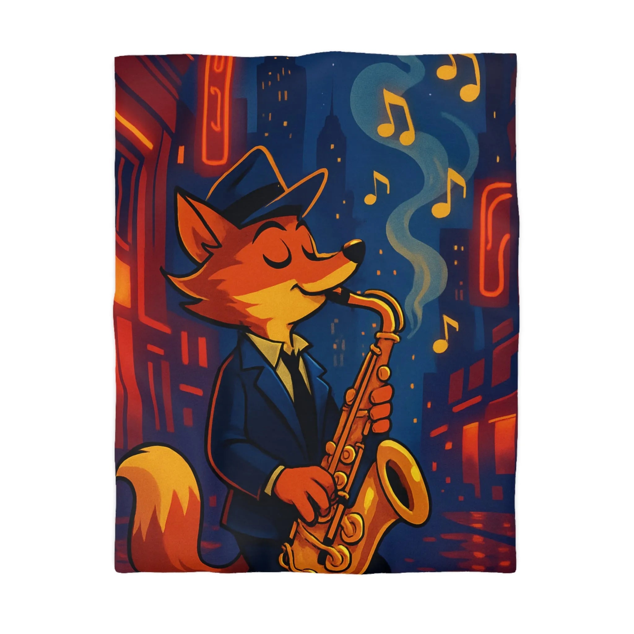 Housse de Couette Jazz de Rue avec Renard Jouant du Saxophone Sous les Réverbères