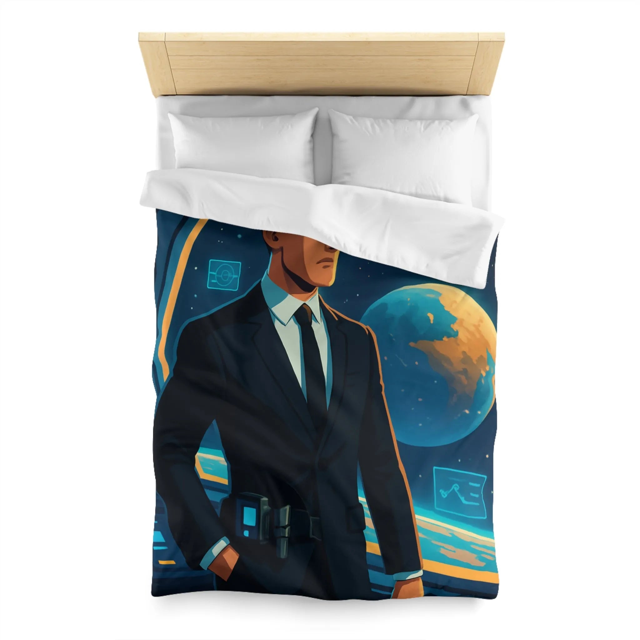 Housse de couette futuriste avec agent spatial et paysages cosmiques numériques immersifs