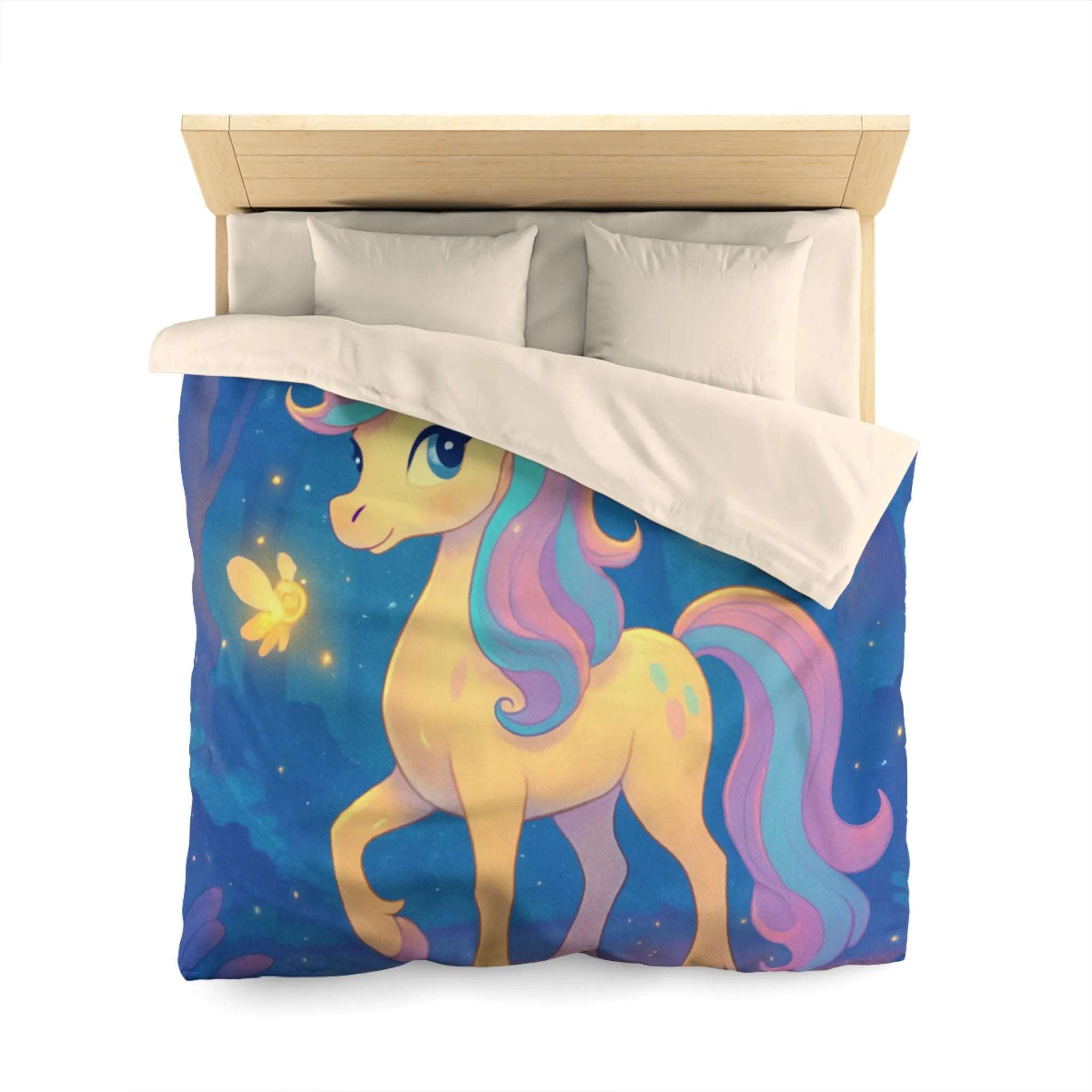 Housse de couette avec licorne féerique et lucioles dans une forêt enchantée
