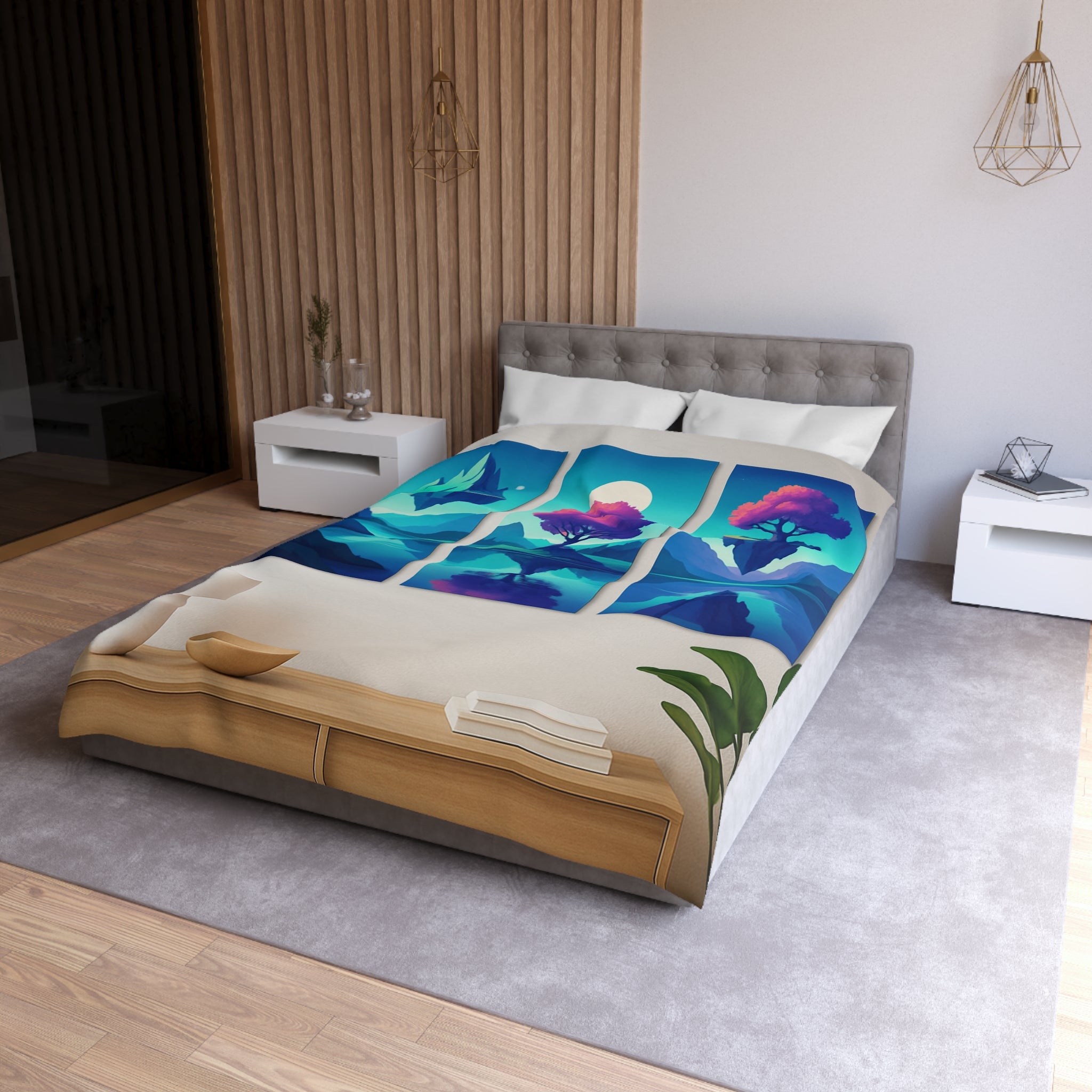 Housse de couette paysage flottant magique avec montagnes surréalistes et arbres colorés