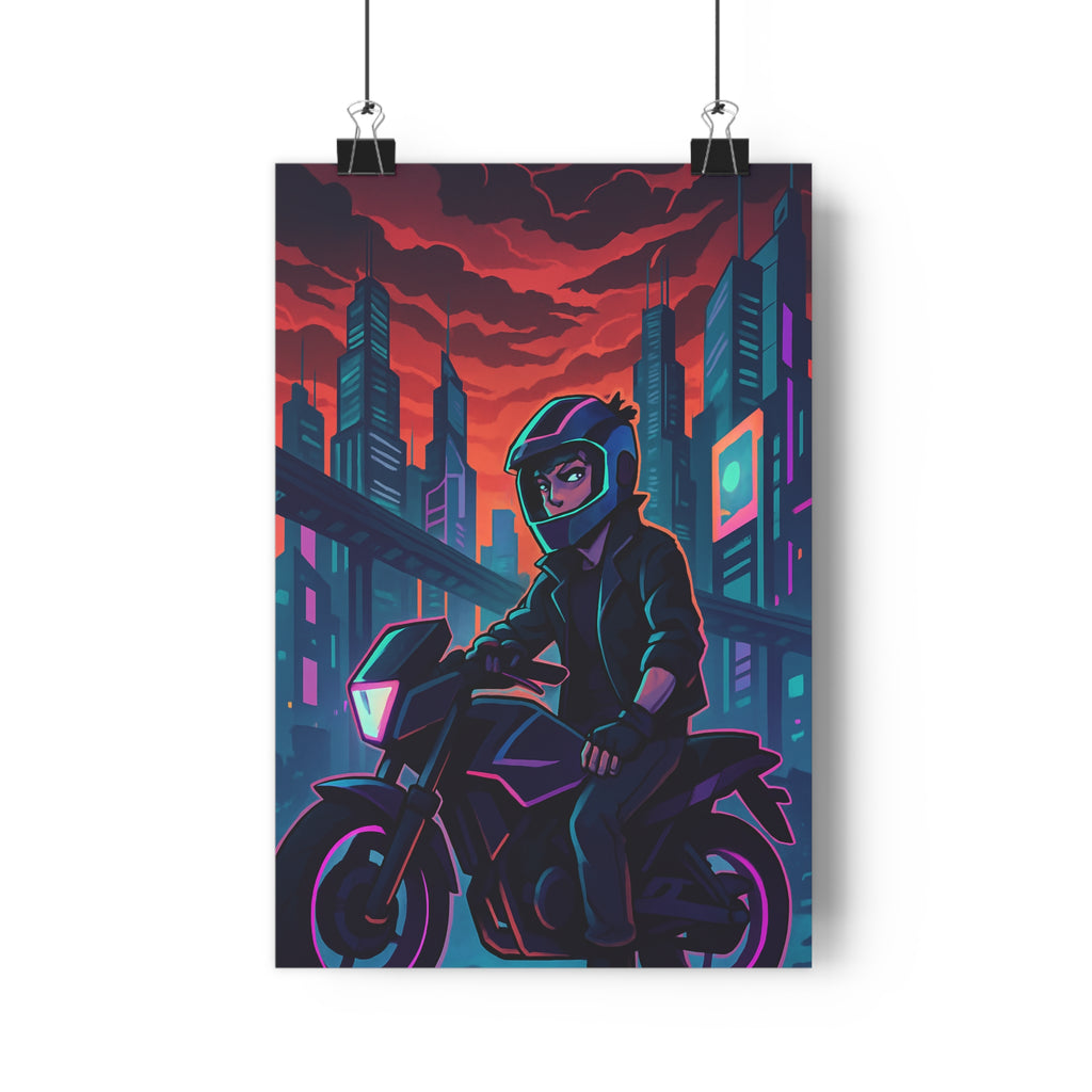 Poster décoratif futuriste motard ville rouge bleuviolet cartoon électrisant salon chambre moderne dynamique qualité