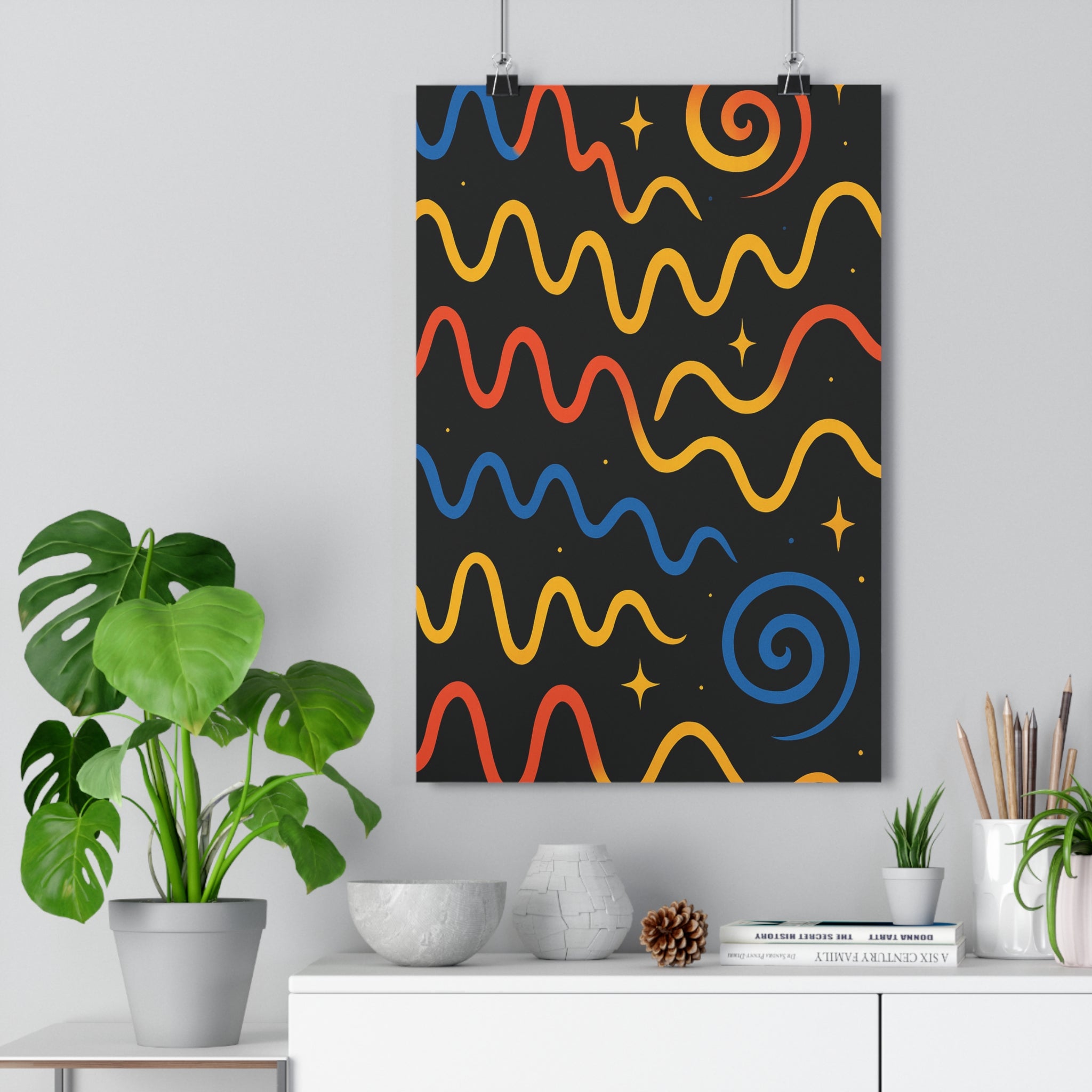 Poster décoratif abstrait lignes ondulées bleu orange jaune dynamique moderne salon chambre art qualité