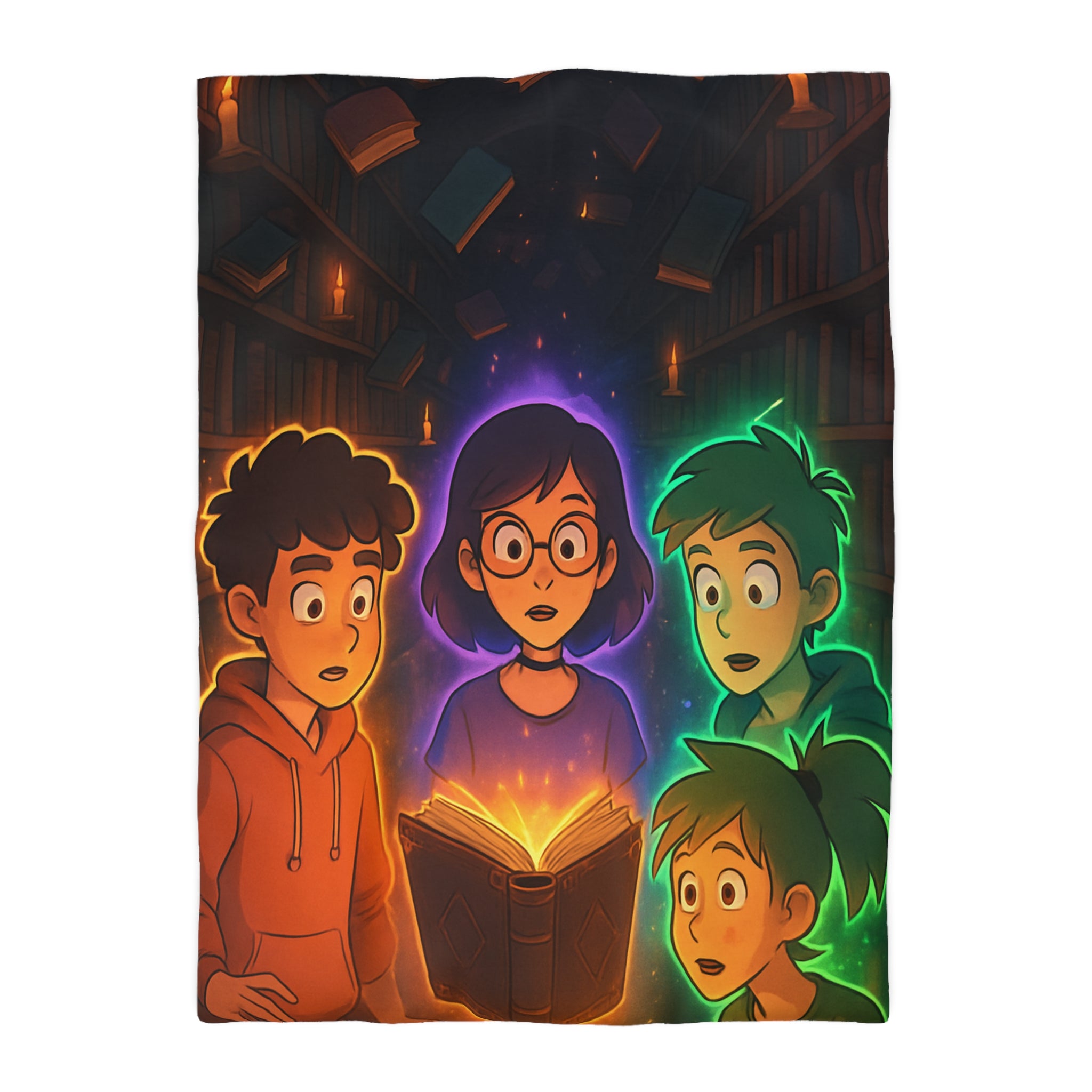 Housse de Couette Mystérieuse avec Enfants Découvrant Livre Magique dans Bibliothèque Enchantée